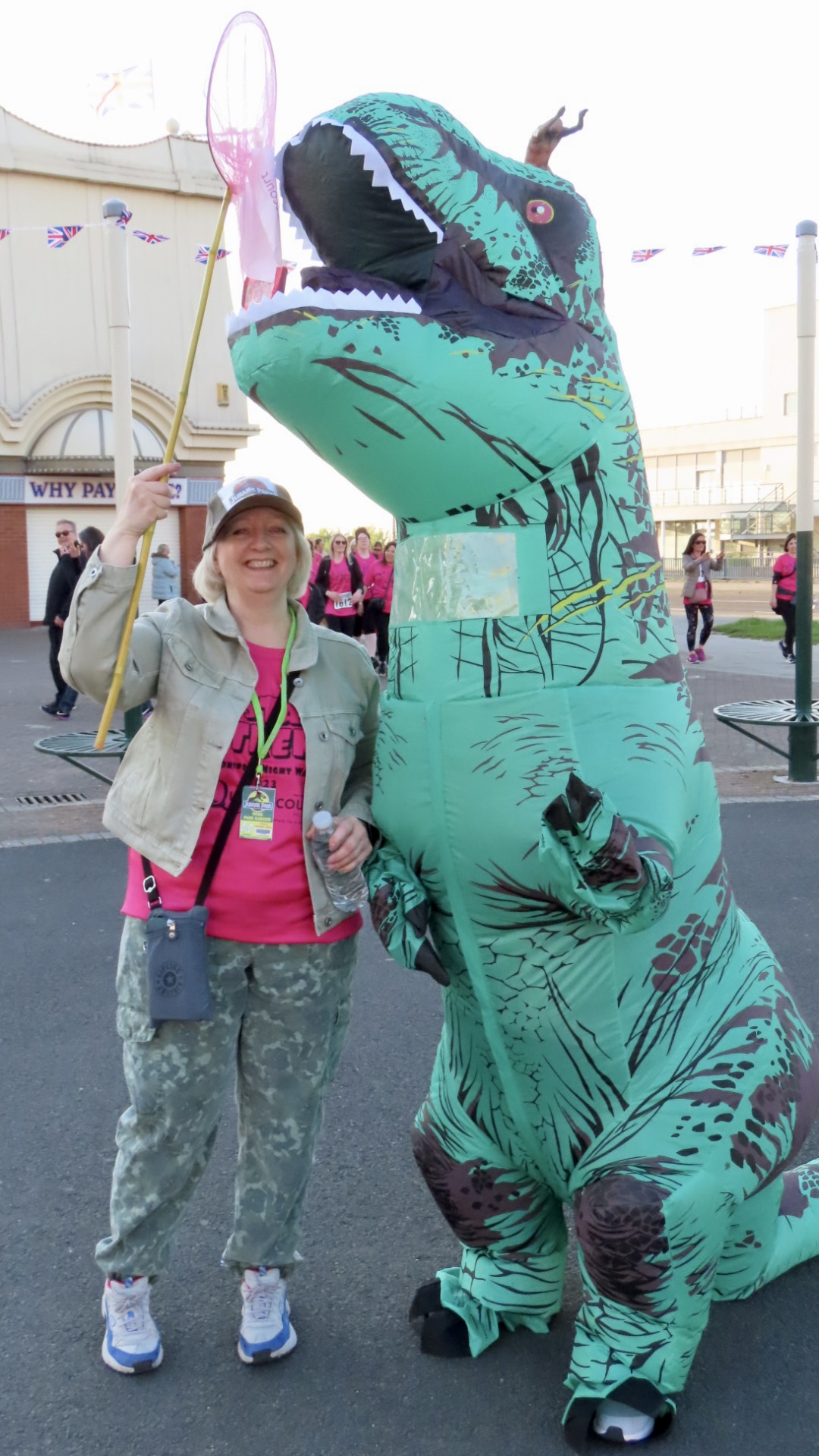 Joanne Caddy and Amanda Bradley were inspired by Jurassic Park to raise funds for Queenscourt Hospice by walking 10 kilometres through the streets of Southport - dressed as an 8ft tall Tyrannosaurus Rex dinosaur and a Jurassic Park Ranger! Photo by Andrew Brown of Stand Up For Southport