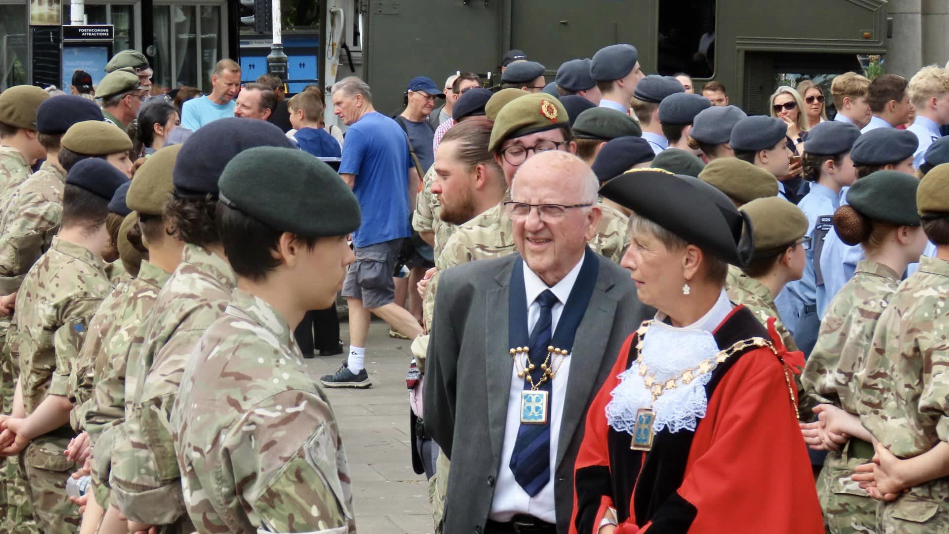Southport Armed Forces Day. Mayor of Sefton Cllr June Burns inspects Cadets. Photo by Andrew Brown Stand Up For Southport