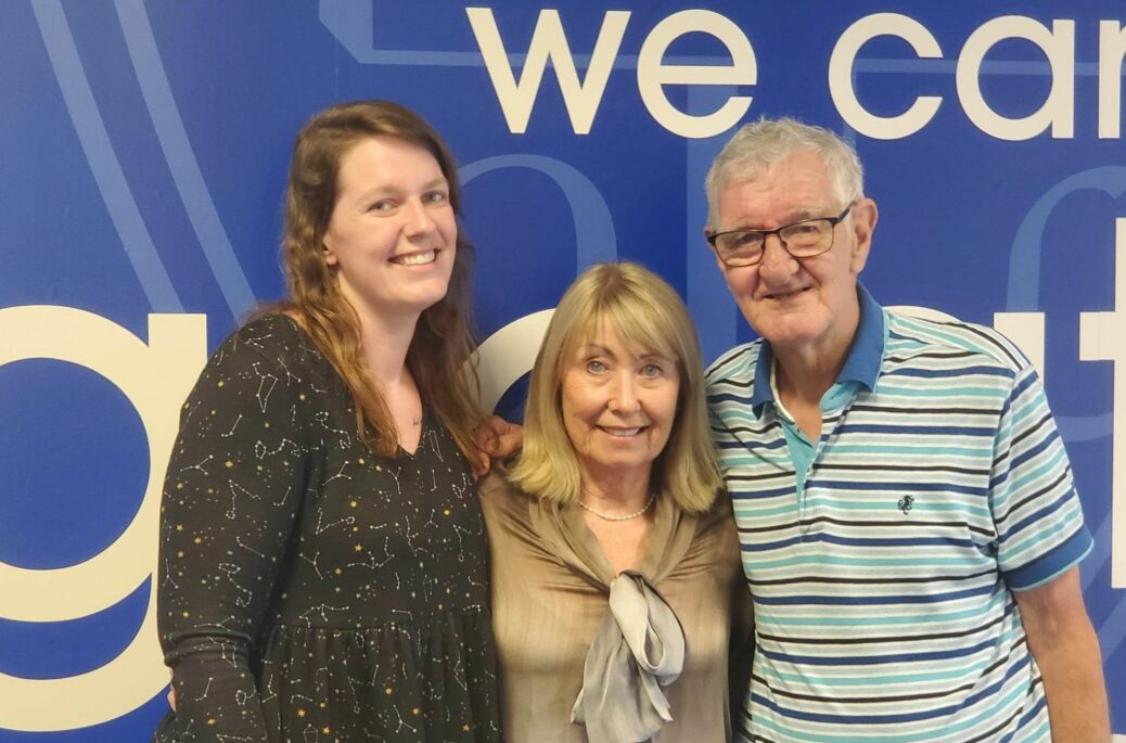 Much-loved caretaker Roger Walton made an emotional return to his former school, Our Lady of Lourdes Primary School, in Southport where he was warmly welcomed by staff and students, including former headteacher Sue Wilson (centre), also pictured with Rogher's daughter Stephanie Russell (left)