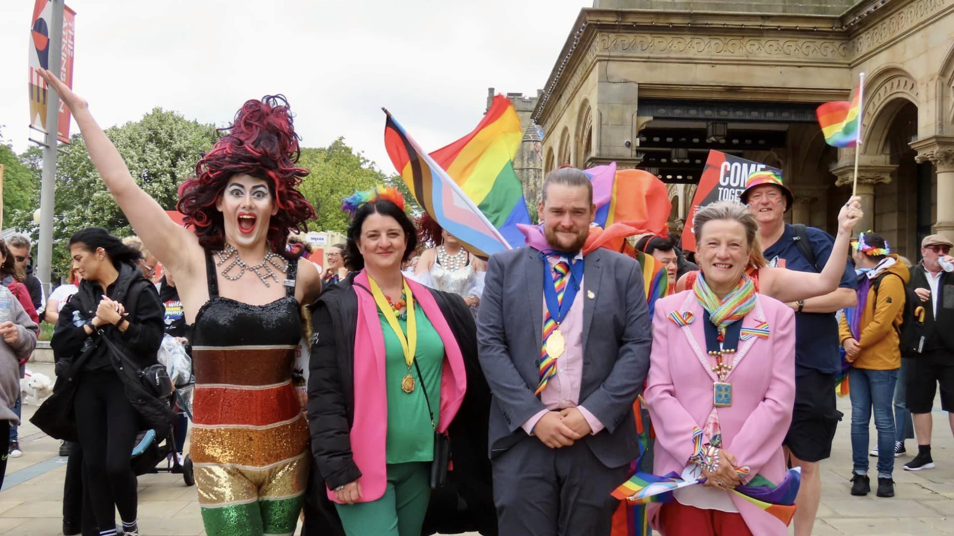 The Sefton Pride parade in Southport. Aida H. Dee (left) Mayor of Sefton Cllr June Burns (right) and other supporters. Photo by Andrew Brown Stand Up For Southport