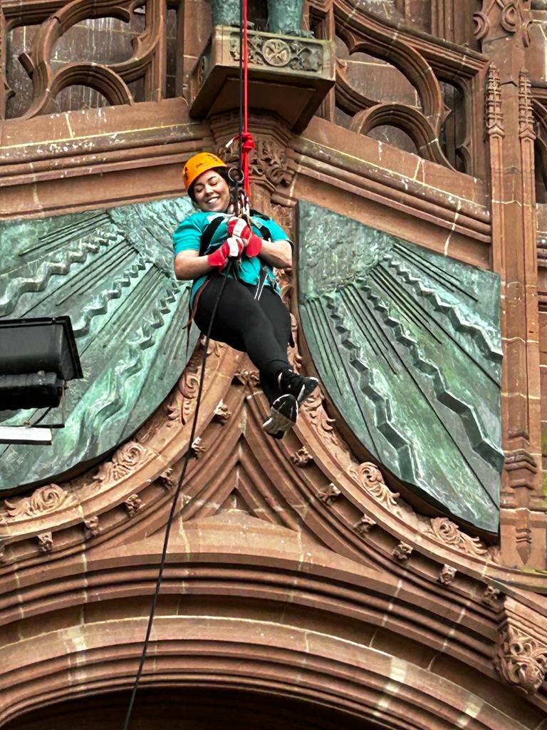 Thrill-seeking NHS workers, families and friends raised more than £2,200 for Southport and Ormskirk Hospitals Charity by abseiling down Liverpool Cathedral, including Erica Isherwood (pictured)