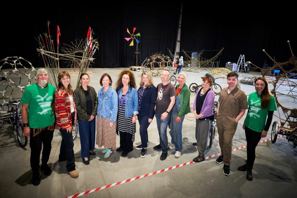 Culture Lead for Liverpool City Region Combined Authority Sarah Lovel (centre) with Imagine Bamboo is Everywhere Creative Director Orit Azaz (5th from left) joined by Liverpool Cllr Harry Doyle (2nd from right), project artists and contributors