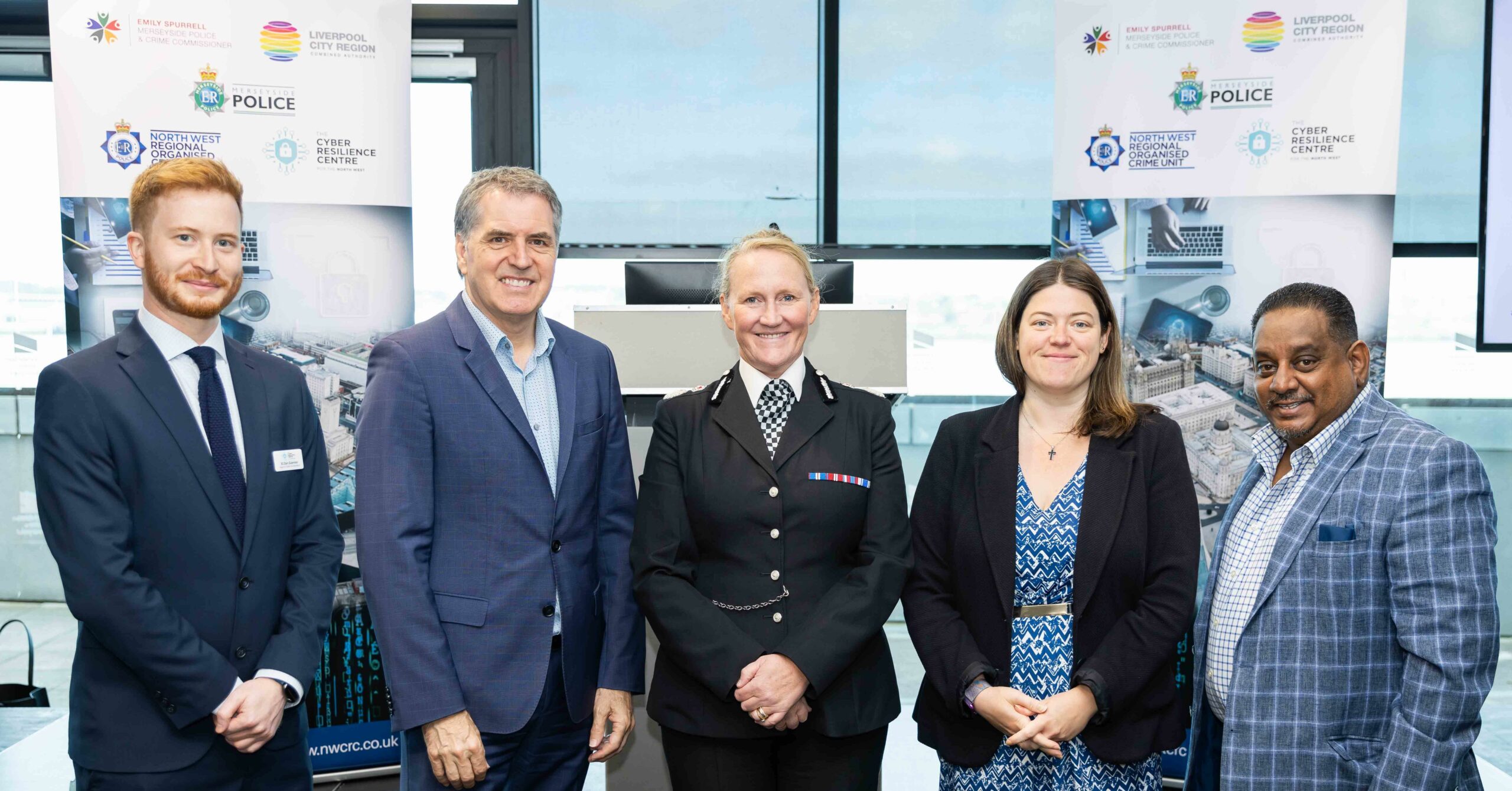 L-R: DI Dan Giannasi, head of cyber and innovation at the NWCRC; Mayor of the Liverpool City Region Steve Rotheram; Chief Constable Serena Kennedy of Merseyside Police; Merseysides Police Commissioner Emily Spurrell and Asif Hamid MBE, CEO of The Contact Company and chairman of Liverpool City Region Local Enterprise Partnership, who spoke about his experiences of a cyber attack.