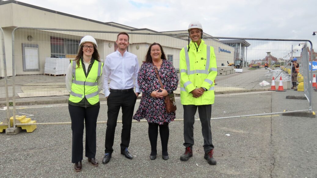 Emma Scott-Miller from Gardiner and Theobald (left); Sefton Council Tourism Service Manager Mark Catherall (second left); Sefton Council Cabinet member for Regeneration and Skills Cllr Marion Atkinson (third left), and Phil White from Kier Construction (right) as work begins on site at the new Marine Lake Events Centre in Southport. Photo by Andrew Brown Stand Up For Southport
