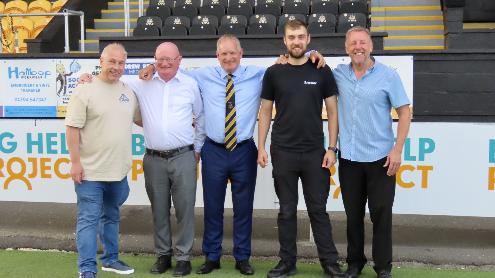 Guests enjoy the first Sandgrounders Business Club at Southport Football Club. Event organisers (from left): Andrew Brown, Chris Harding, Steve Dewsnip, Aaron Midgley and Mike Black. Photo by Andrew Brown Stand Up For Southport