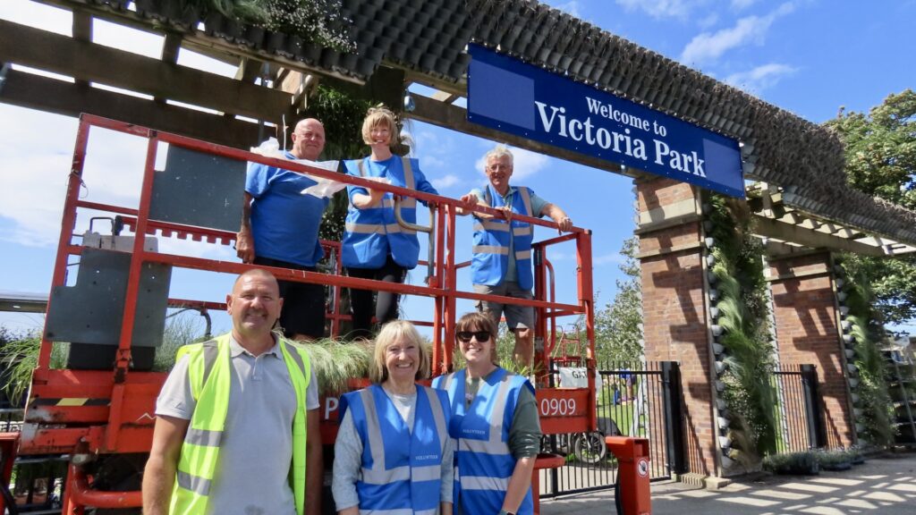 Volunteers are hard at work creating the stunning living wall archway that will welcome visitors to the 2023 Southport Flower Show. Photo by Andrew Brown Stand Up For Southport