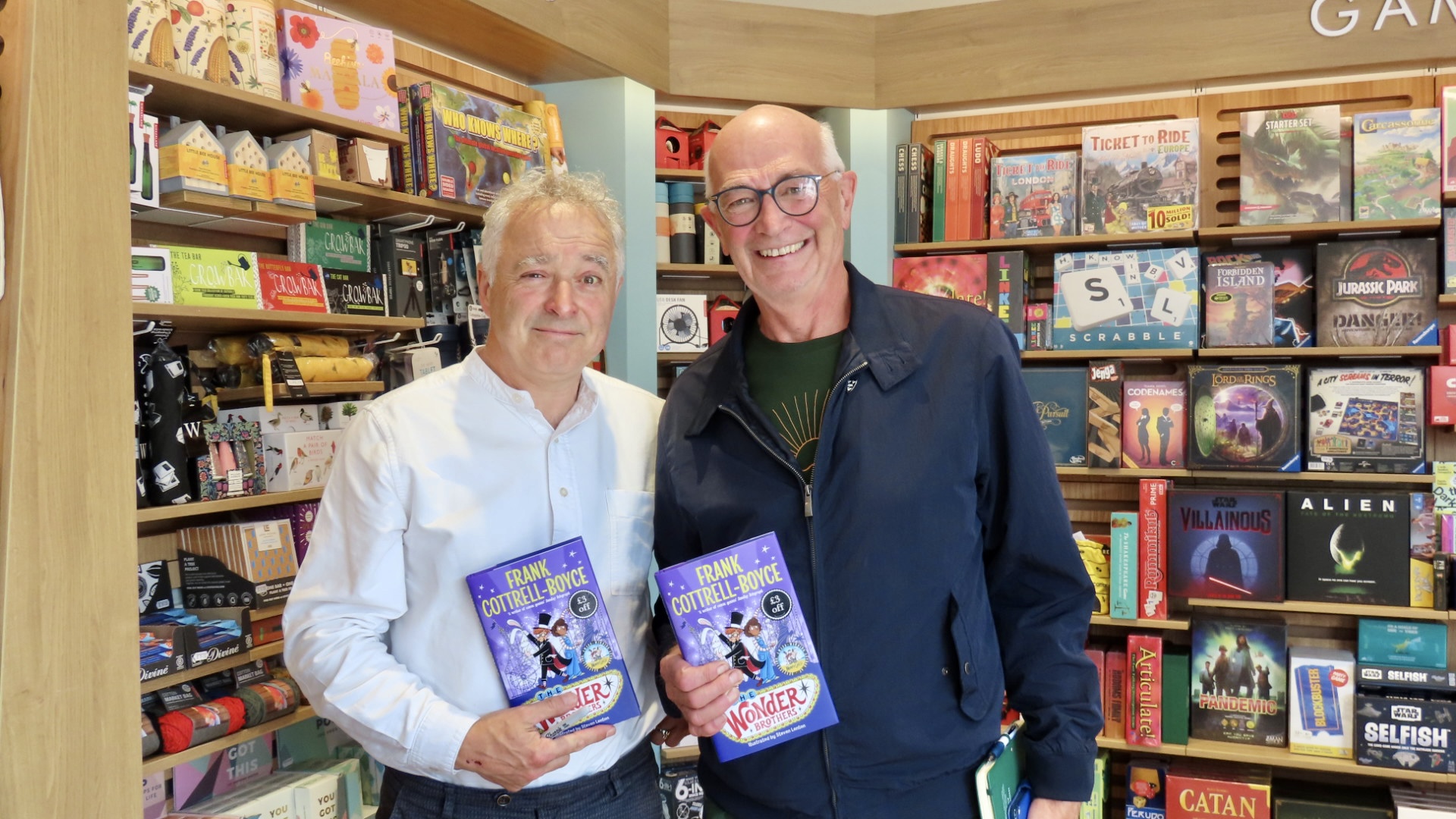 Frank-Cottrell-Boyce called into Waterstones bookshop in Southport to sign copies of his new book, The Wonder Brothers. Frank with Steve Pritchard. Photo by Andrew Brown Stand Up For Southport