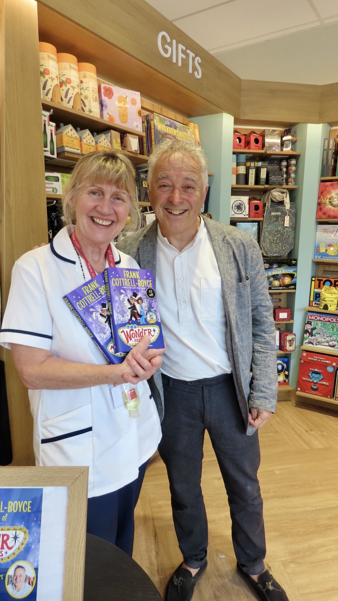 Frank-Cottrell-Boyce called into Waterstones bookshop in Southport to sign copies of his new book, The Wonder Brothers. Photo by Andrew Brown Frank with Jackie Cairns. Stand Up For Southport
