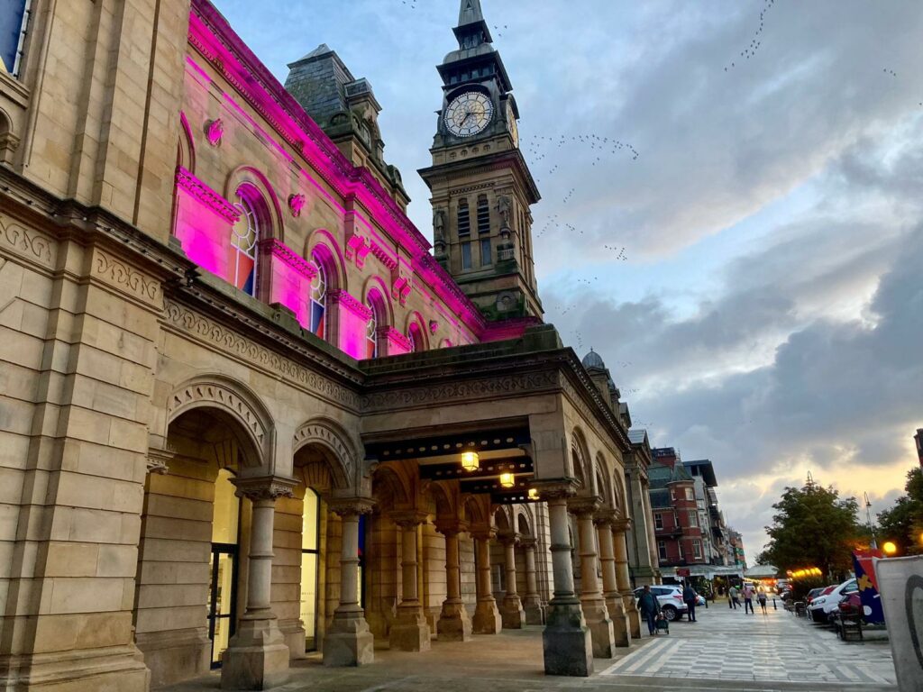 The Atkinson and Southport Town Hall were lit up purple to highlight Craniosynostosis Awareness Month, inspired by Southport schoolboy Eden Barbé. Eden was joined at the event by sister Ebony, Mum Jenny, Southport MP Damien Moore and other supporters. Photo by Andrew Brown Stand Up For Southport