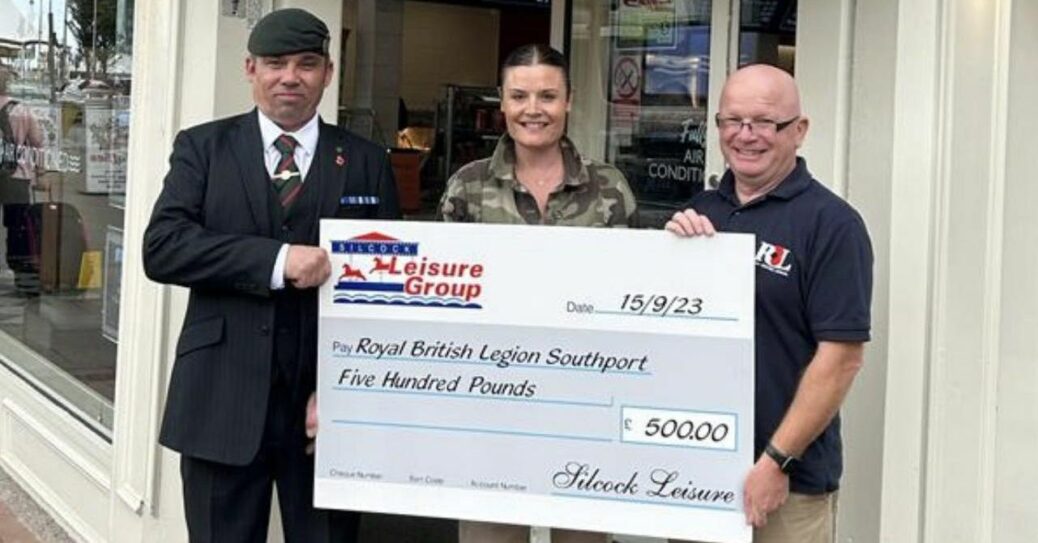 Silcock Leisure Group in Southport has donated £500 to Southport Royal British Legion ahead of the royal visit by Princess Anne to rededicate Southport War Memorial. Andy Prescott, who served in the 2nd Battalion Royal Green Jackets between 1999 and 2004, presented the cheque to Major Nick McEntee and Sarah McEntee from Southport Royal British Legion