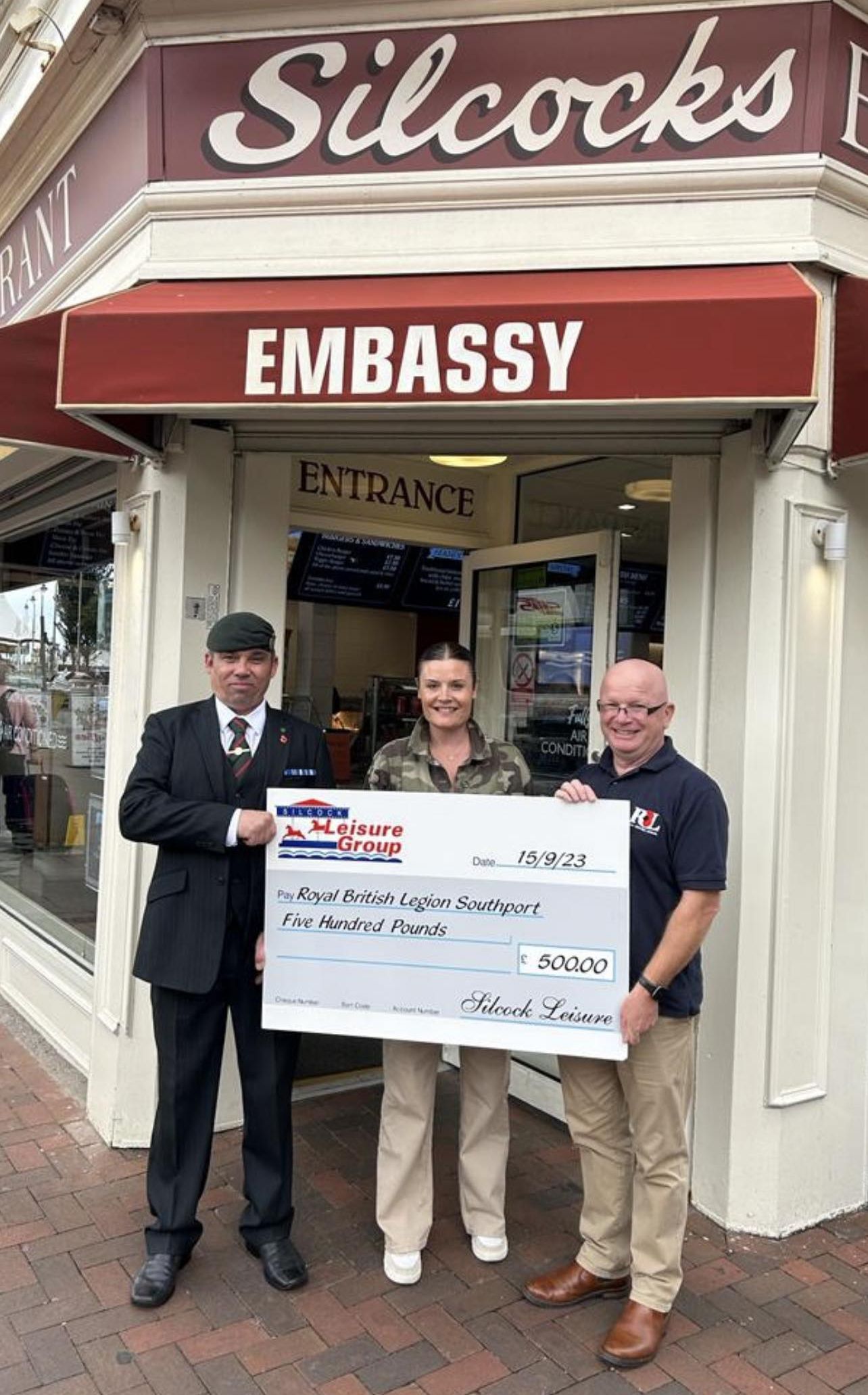 The Silcock's Embassy restaurant in Southport has donated £500 to Southport Royal British Legion ahead of the royal visit by Princess Anne to rededidate Southport War Memorial. Andy Prescott, who served in the 2nd Battalion Royal Green Jackets between 1999 and 2004, presented the cheque to Major Nick McEntee and Sarah McEntee from Southport Royal British Legion