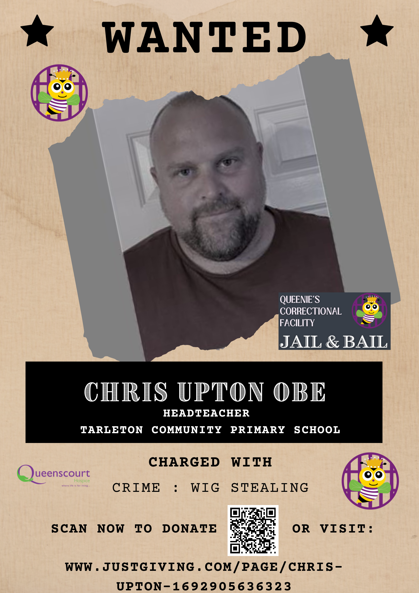 Chris Upton OBE, the headteacher at Tarleton County Primary School in Lancashire, has been ‘arrested’ as he takes part in the Jail and Bail fundraiser for Queenscourt Hospice