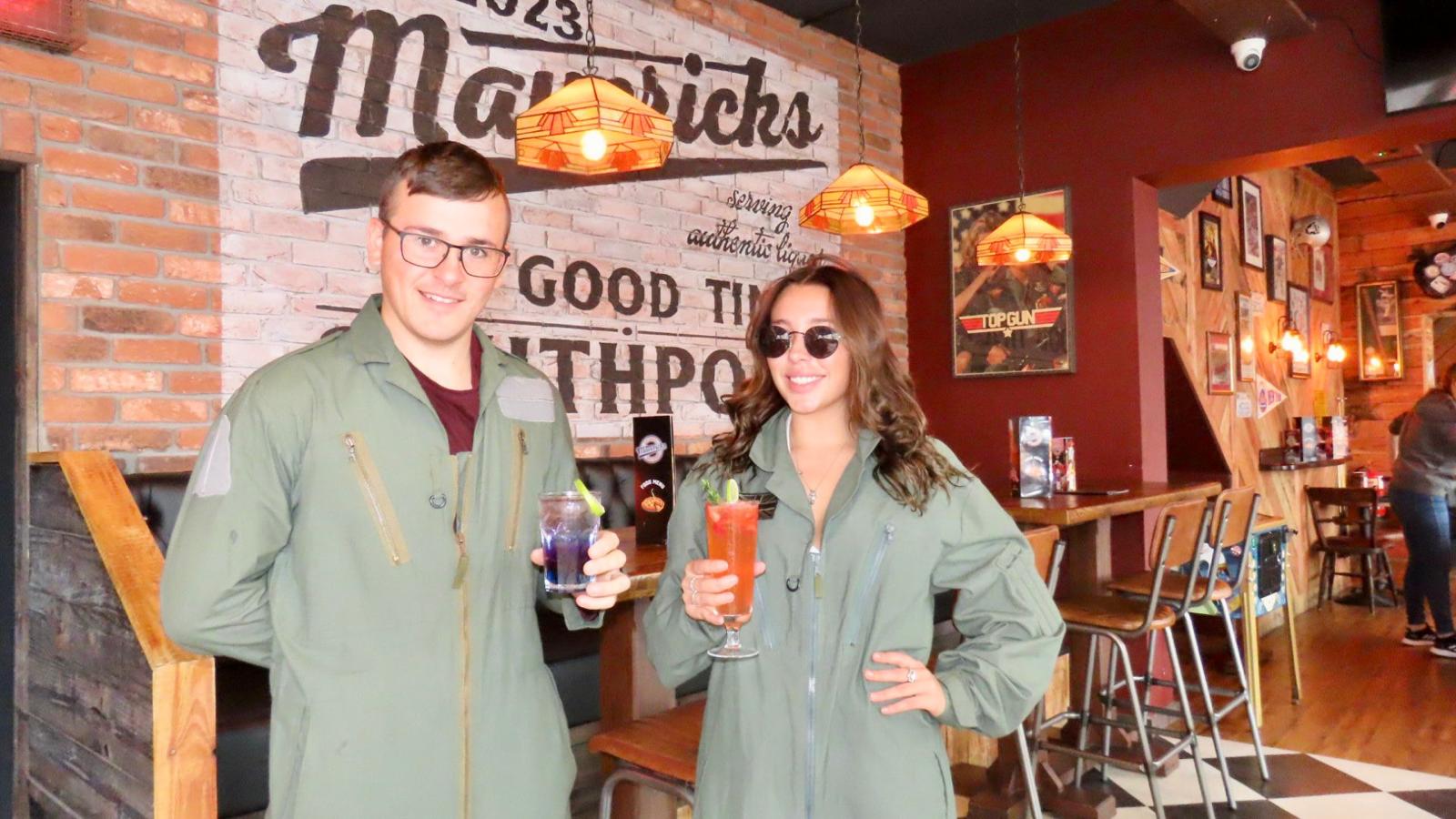 Mavericks Bar on Lord Street in Southport town centre is the perfect place for air show aficionados to enjoy the fun on Saturday, 9th September and Sunday, 10th September 2023. Mike Hayes and Lizzie Parker with two of the cocktails. Photo by Andrew Brown Stand Up For Southport