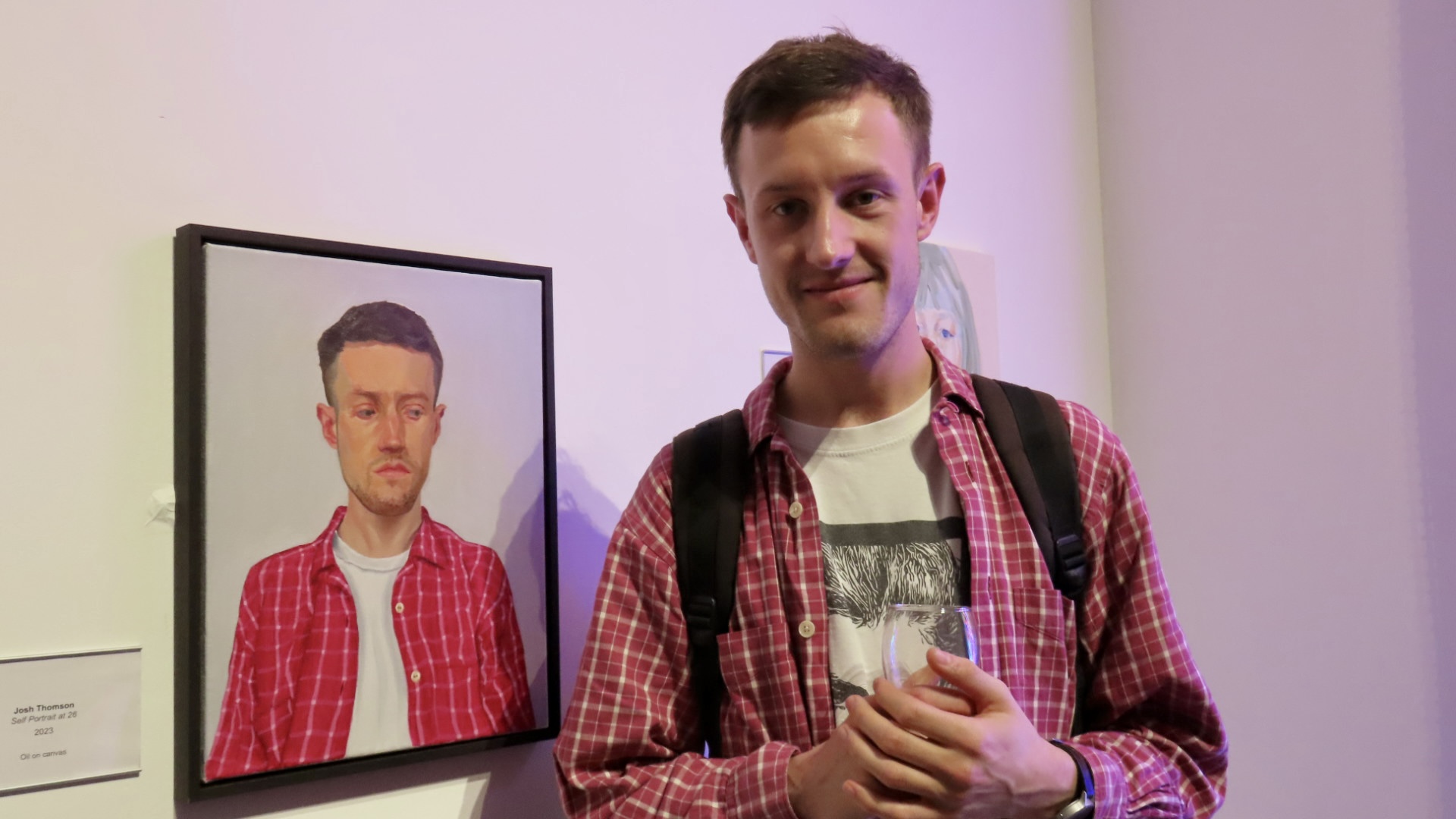Works from the Self Portrait Prize 2023 are on display at the Atkinson in Southport. Josh Thomson from Glasgow with his work 'Self Portrait at 26'. Photo by Andrew Brown Stand Up For Southport