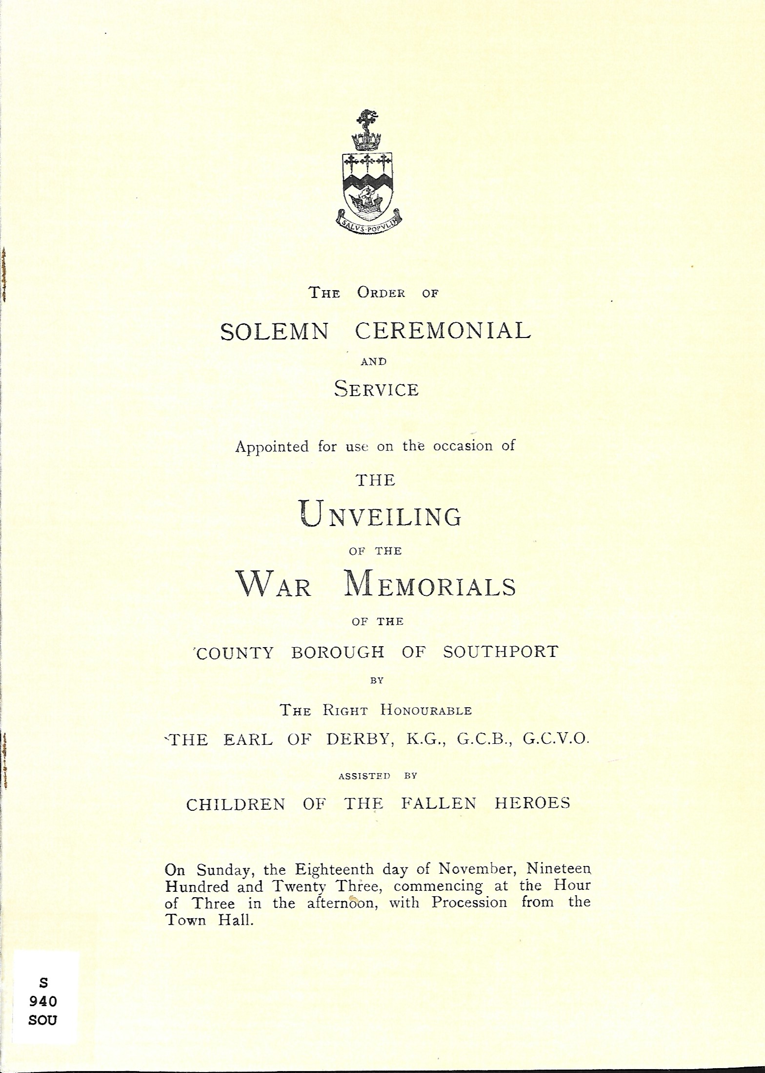 The service to mark the unveiling of Southport War Memorial in 1923
