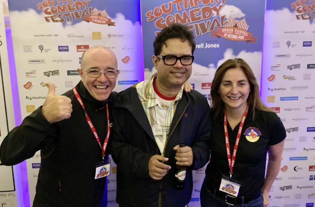 Paul Sinha at Southport Comedy Festival with festival directors Brendan Riley and Val Brady. Photo by Andrew Brown Stand Up For Southport