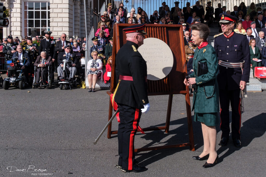 Princess Anne visited Southport to lead the centenary re-dedication of Southport War Memorial. The unveiling of the plaque with princess Anne and event organiser Major Nick McEntee. Photo by Dave Brown Photography