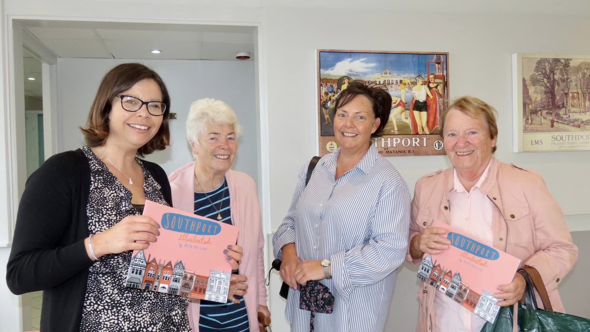 Ruth Spillane held a book launch for 'Southport Illustrated' at Silcock's Pier Family Restaurant in Southport. Ruth left) is pictured with visitors to her book launch. Photo by Andrew Brown Stand Up For Southport