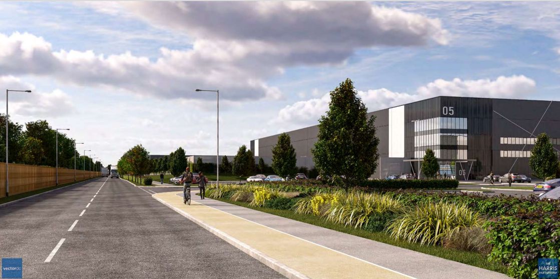 Royal London wants to build five industrial units on the site of the former Rolls Royce factory at Atlantic Park, on Dunnings Bridge Road in Netherton. Image by The Harris Partnership for the Royal London planning application to Sefton Council