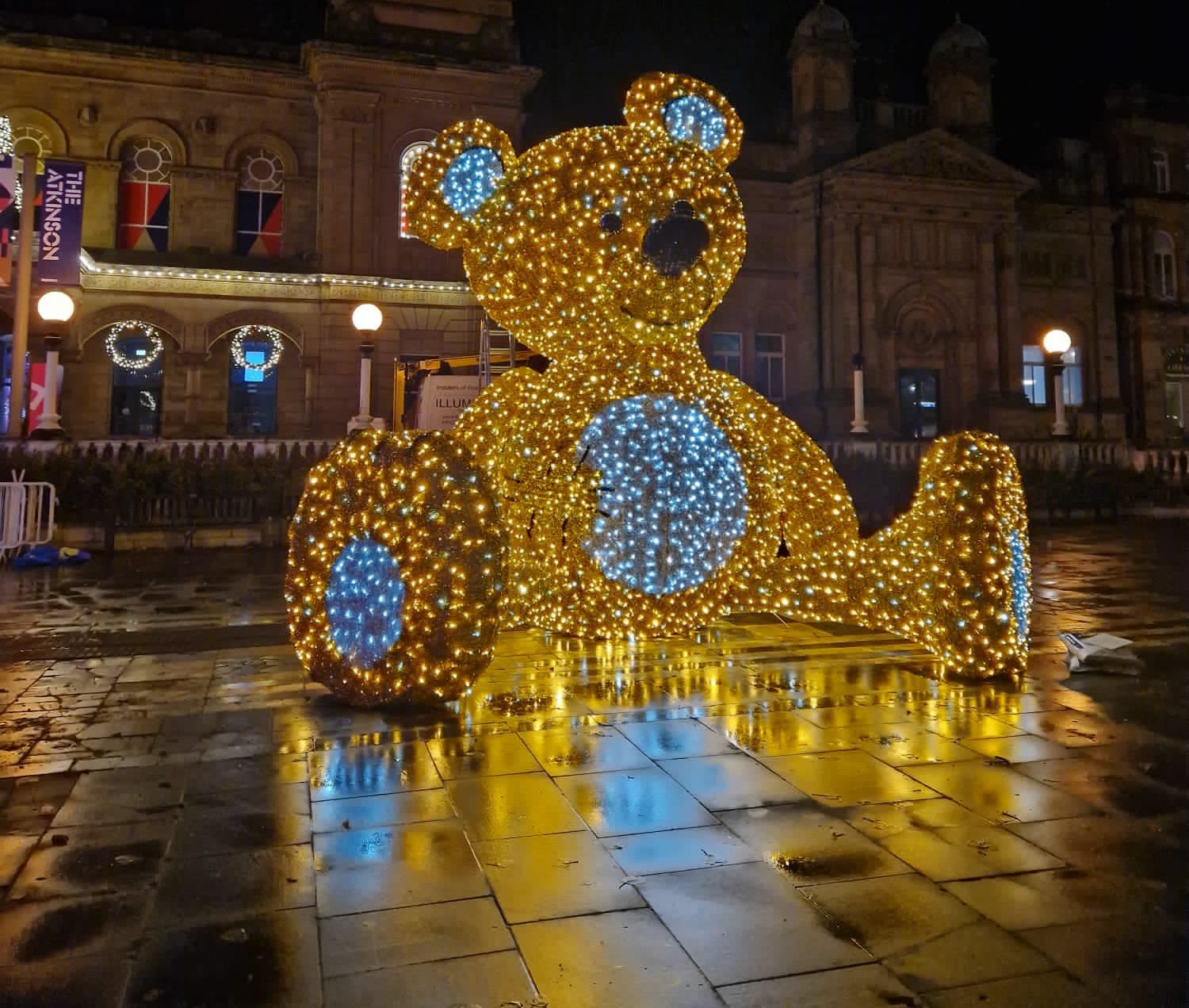 Southport BID has installed a large illuminated bear and reindeer in the Town Hall Gardens in Southport 