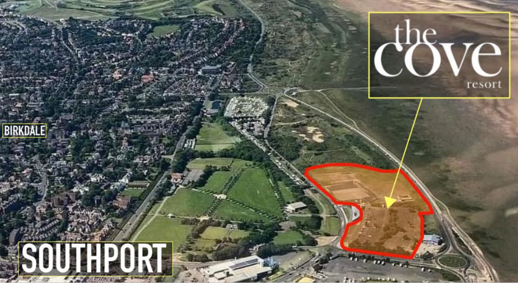 The Cove Resort Southport. Aerial view of site looking along coast towards Liverpool and Wales. Source Funky Aviation