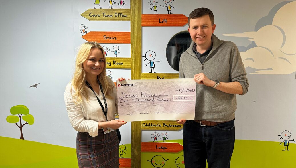 Mike Prendergast, Partner at Dickinson Parker Hill Solicitors in Ormskirk, has presented a cheque for £1,000 to Caroline Taylor, Director of Income and Engagement at Derian House Childrens Hospice