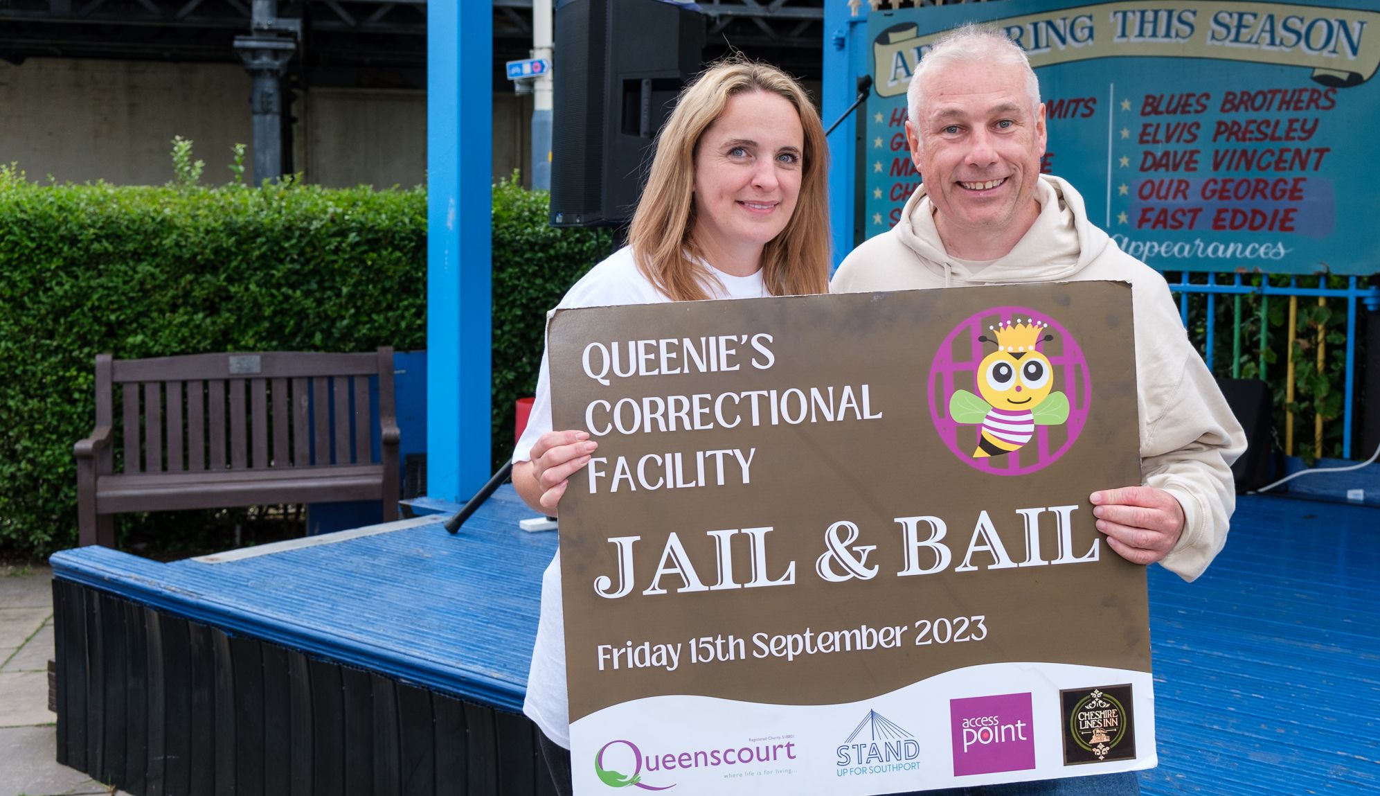 Jail and Bail for Queenscourt Hospice. Queenscourt Fundraising Manager Liz Hartley and Stand Up For Southport owner Andrew Brown.