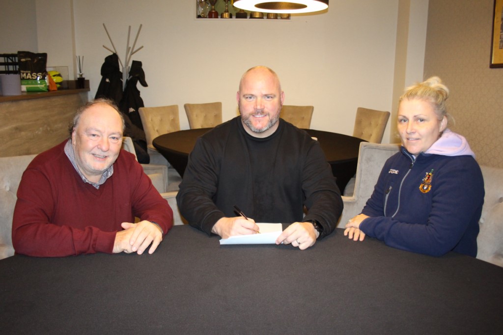Southport FC Manager Jim Bentley with Chairman Peter Mitchell and Sporting Director Tammy Burgess