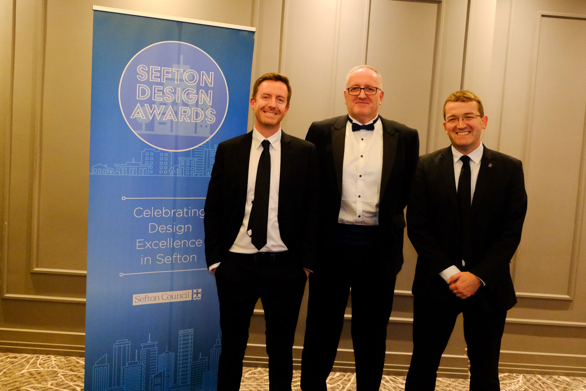 The 2023 Sefton Design Awards. Mark Catherall, Stuart Barnes and Stephen Watson from Sefton Council. Photo by Ollie Cowan Photography