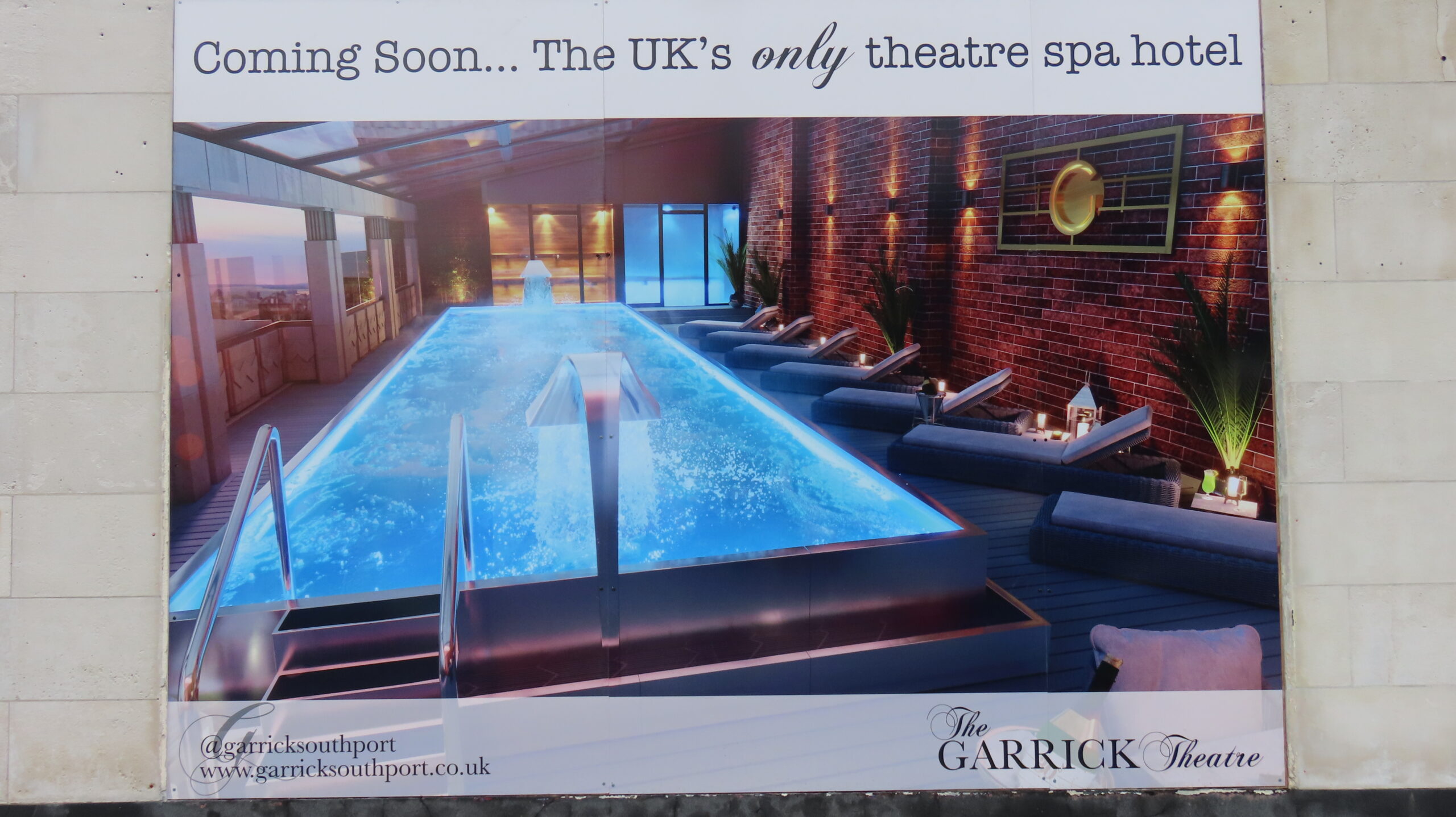 Promotional boards have been installed outside The Garrick building on Lord Street in Southport proclaiming the UKs only theatre spa hotel