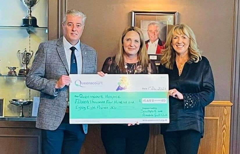 Southport and Ainsdale Golf Club has raised over £15,000 for Queenscourt Hospice. Club Captains Derrick Pilkington (left) and Dianne Gillespie (right) with Elizabeth Hartley, Fundraising Manager at Queenscourt (centre)