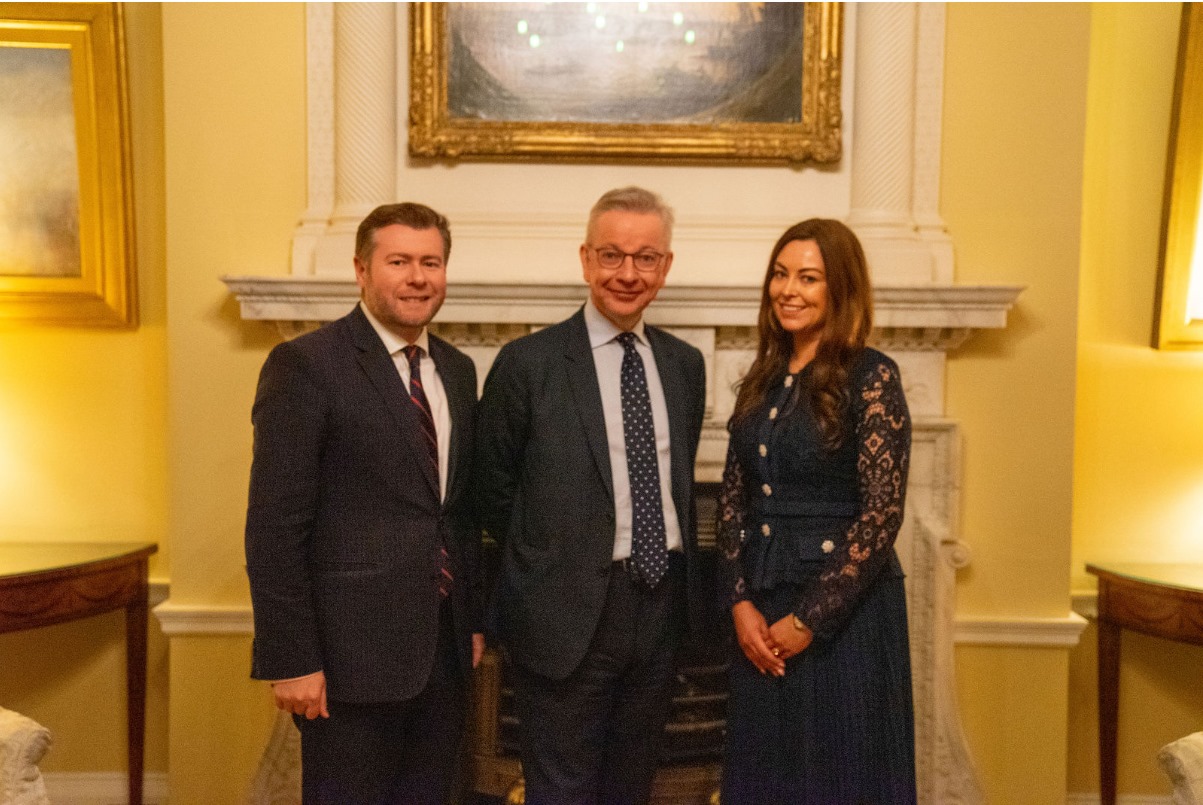 Silcock Leisure Group Operations Manager Serena Silcock-Prince at 10 Downing Street in London with Southpoirt MP Damien Moore (left() and Michael Gove (centre)
