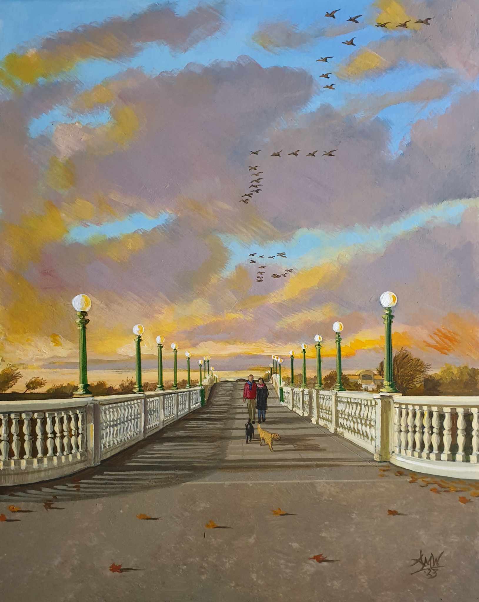 Artwork by Southport artist Tony Wynne. The Venetian bridge at Marine Lake in Kings Gardens in Southport