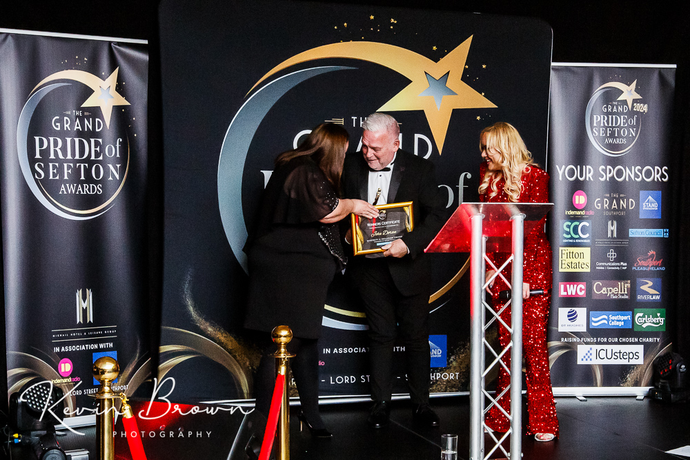 John Doran, the founder of the Bootle Bucks Inclusion FC, won the Diversity and Inclusion Award, sponsored by Sefton Council, at the 2024 Pride Of Sefton Awards. Photo by Kevin Brown Photography