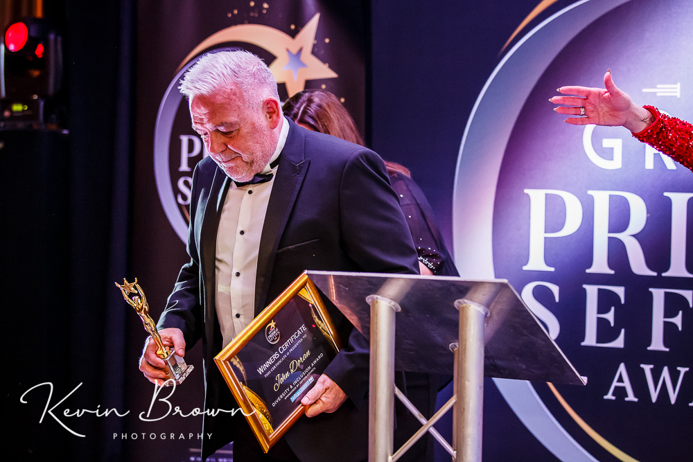 John Doran, the founder of the Bootle Bucks Inclusion FC, won the Diversity and Inclusion Award, sponsored by Sefton Council, at the 2024 Pride Of Sefton Awards. Photo by Kevin Brown Photography