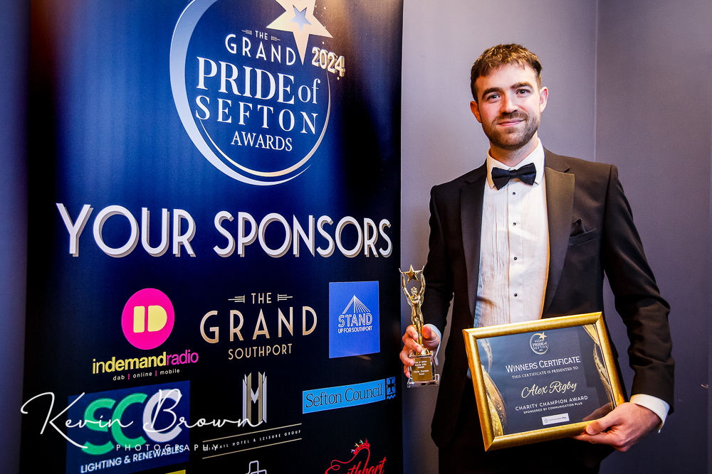 Alex Rigby won the Sefton Charity Champion Of The Year, sponsored by Communications Plus, at the 2024 Pride Of Sefton Awards at the Grand in Southport. Photo by Kevin Brown Photography