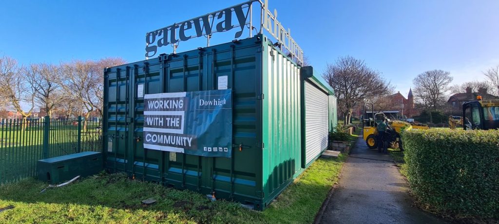 Dowhigh colleagues dug out and replaced two sections around the kitchen at Gateway Kitchen in Bootle  the new outdoor seating area as well as a path at the rear of the container to allow access