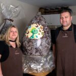 Chocolate Whirled owners Laura and Simon Stevens with one of the gigantic eggs