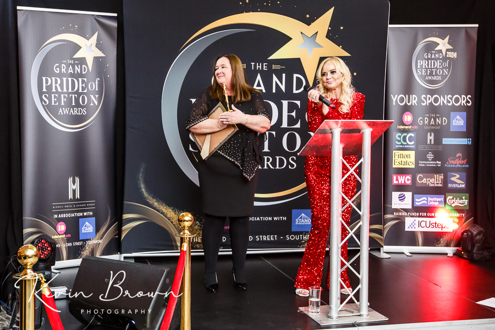 The 2024 Grand Pride Of Sefton Awards. Sefton Council Leader Cllr Marion Atkinson and host Claire Simmo. Photo by Kevin Brown Photography