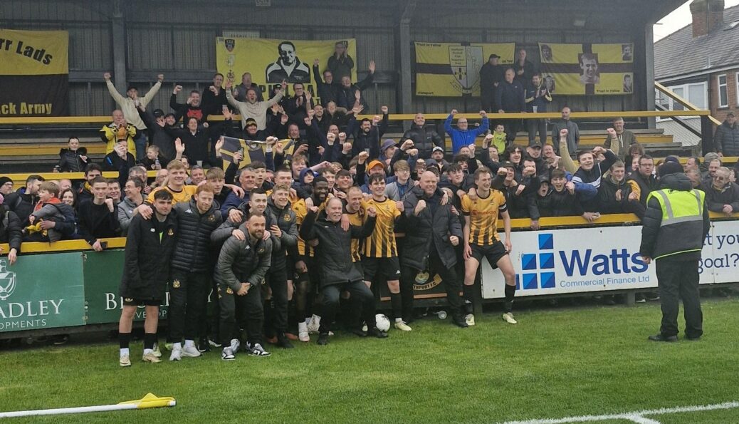 Southport FC celebrate staying up after beaing Rushall Olympic 3-0