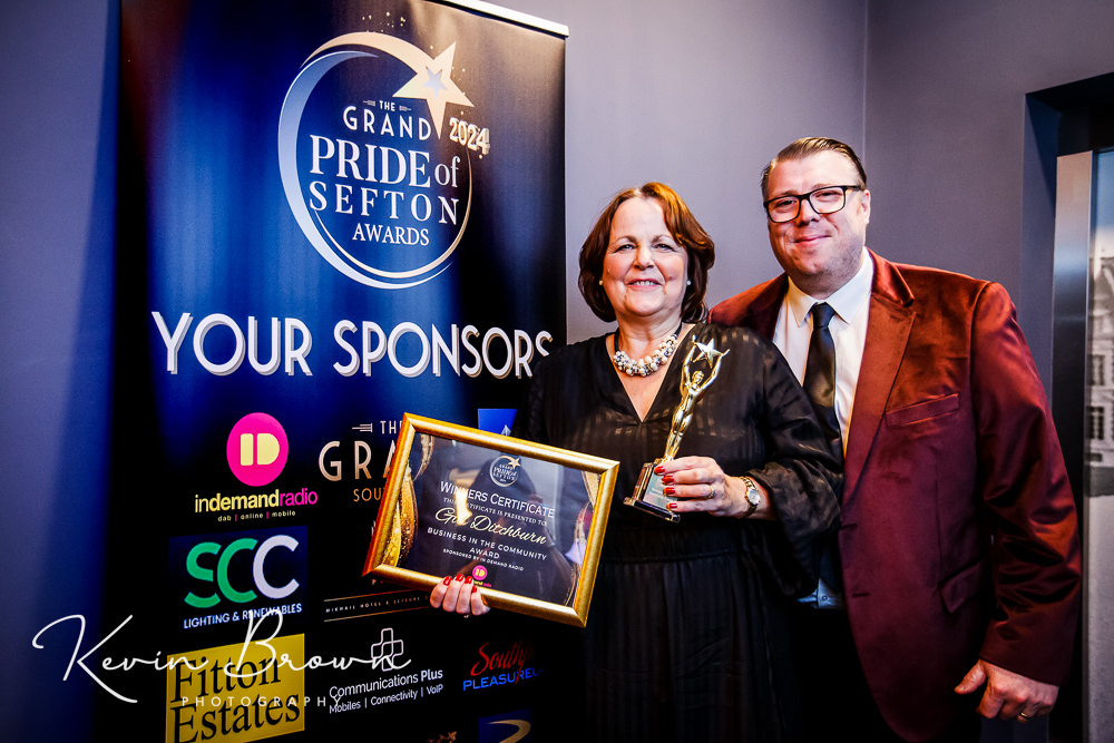 The 2024 Pride Of Sefron Awards at The Grand on Lord Street in Southport. Businbess In The Community Winner Gill Ditchburn with Baz Todd from In Demand Radio
