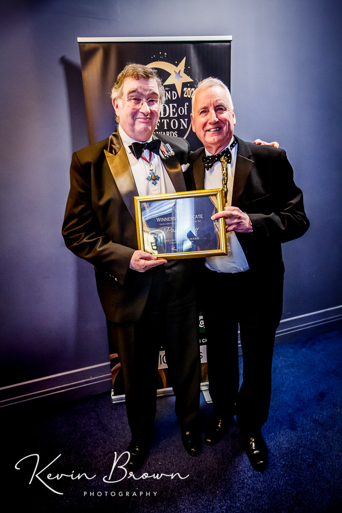 Marine FC Chairman Paul Leary was named Sefton Unsung Hero of the Year, sponsored by River Law, at the 2024 Grand Pride Of Sefton Awards. Paul Leary with Cllr Les Byrom. Photo by Kevin Brown Photography