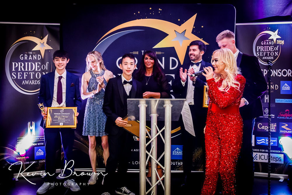 The 2024 Pride Of Sefron Awards at The Grand on Lord Street in Southport. The Young Sportsperson Of The Year winners: Jack Carney, Joshua Morris) and Louis Cheung-Turner Photo by Kevin Brown Photography 