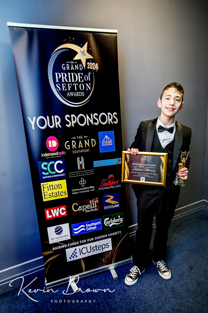 The 2024 Pride Of Sefton Awards at The Grand on Lord Street in Southport. Young Sportsperson Of The Year winner Joshua Morris Photo by Kevin Brown Photography