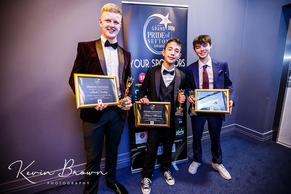 The 2024 Pride Of Sefron Awards at The Grand on Lord Street in Southport. The Young Sportsperson Of The Year winners: Jack Carney (left), Joshua Morris (centre) and Louis Cheung-Turner (right) 