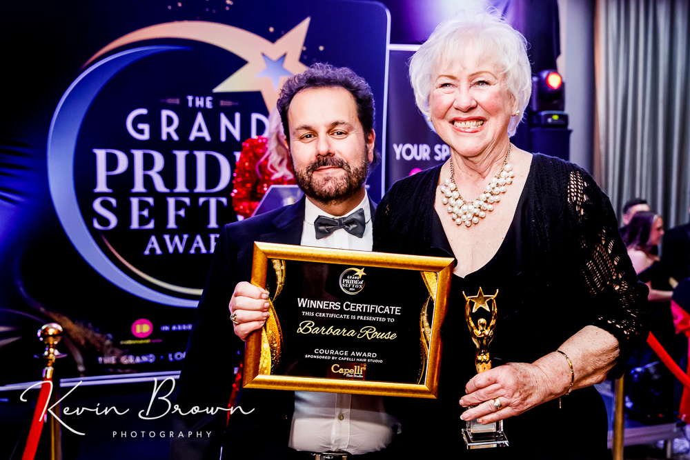 Barbara Rouse was awarded Sefton Courage Award at the 2024 Grand Pride Of Sefton Awards at The Grand in Southport by Peter Equizi from Capelli Hair Studio in Southport. Photo by Kevin Brown Photography