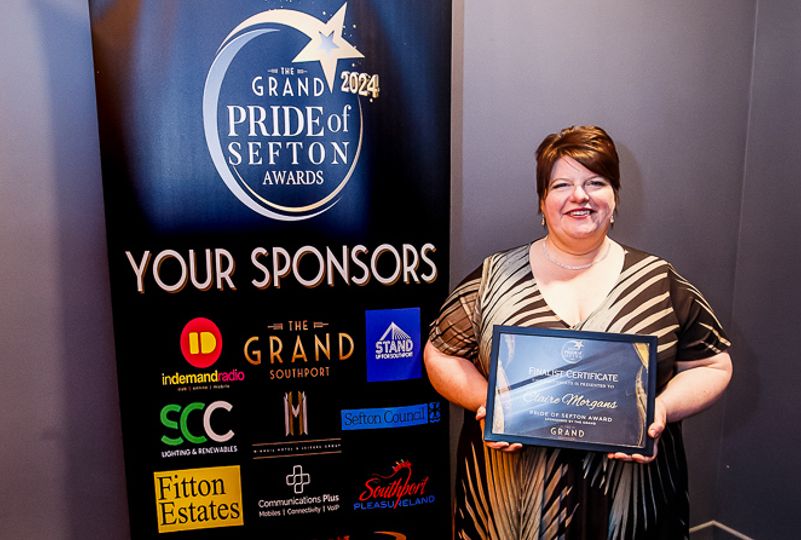 Ykids founder Claire Morgans with her Grand Pride Of Sefton award at The Grand in Southport. Photo by Kevin Brown Photography