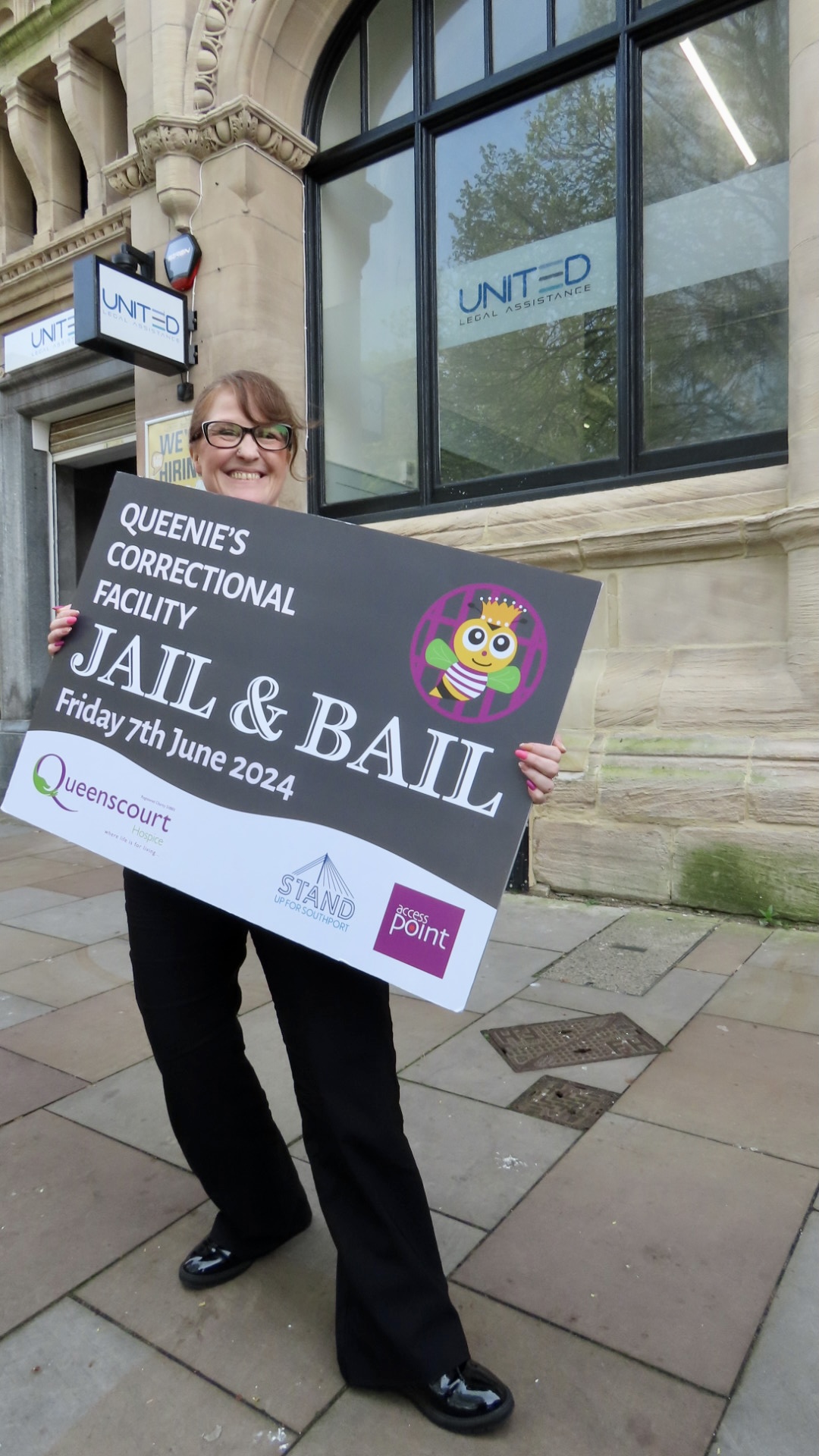 Jocelyn Pye, a Motor Claims Handler at United Legal Assistance in Southport, is taking part in the Jail and Bail fundraiser for Queenscourt Hospice. 
