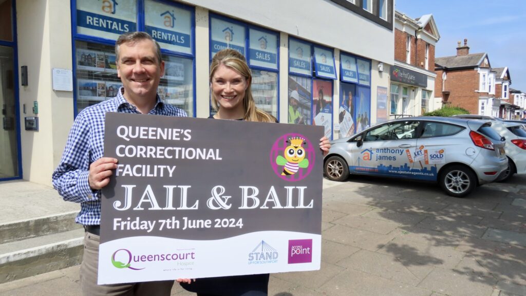 Mark Cunningham and Gemma Aitchison at Anthony James Estates in Southport. Mark is taking part in the Jail and Bail fundraiser for Queenscourt Hospice. Photo by Andrew Brown Stand Up For Southport