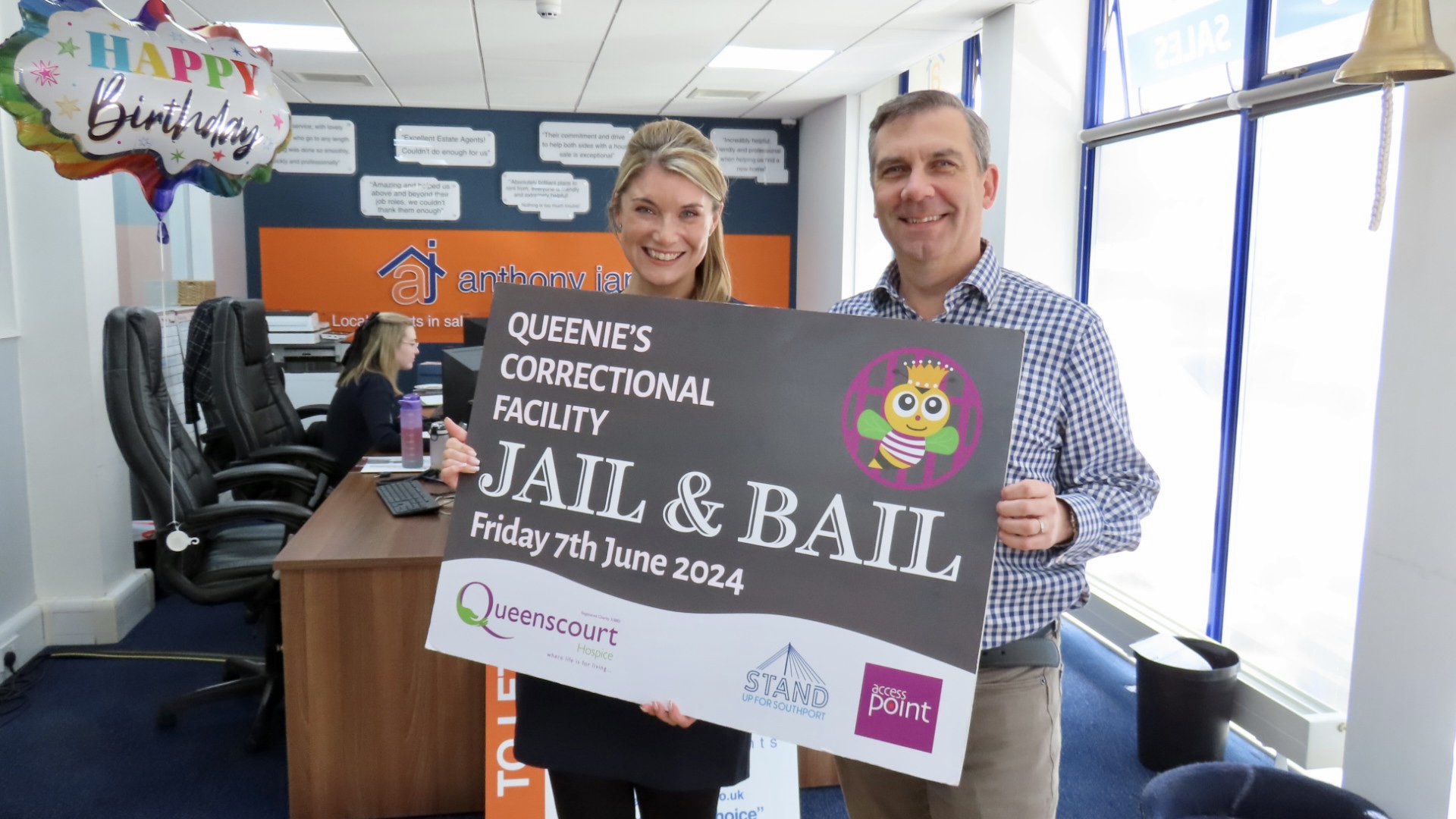 Mark Cunningham and Gemma Aitchison at Anthony James Estates in Southport. Mark is taking part in the Jail and Bail fundraiser for Queenscourt Hospice.  Photo by Andrew Brown Stand Up For Southport 